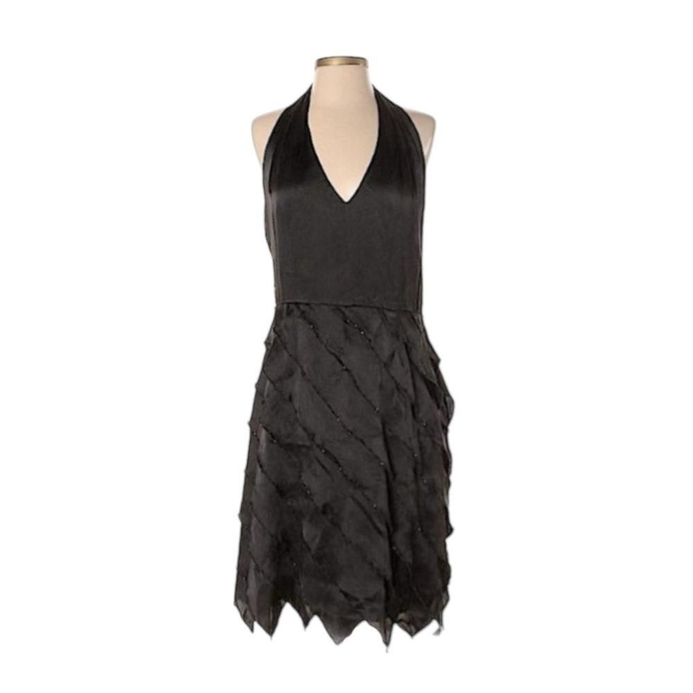 Papell Boutique Evening Halter Open Back Tier Satin Ruffle Mini Dress 6 Prom